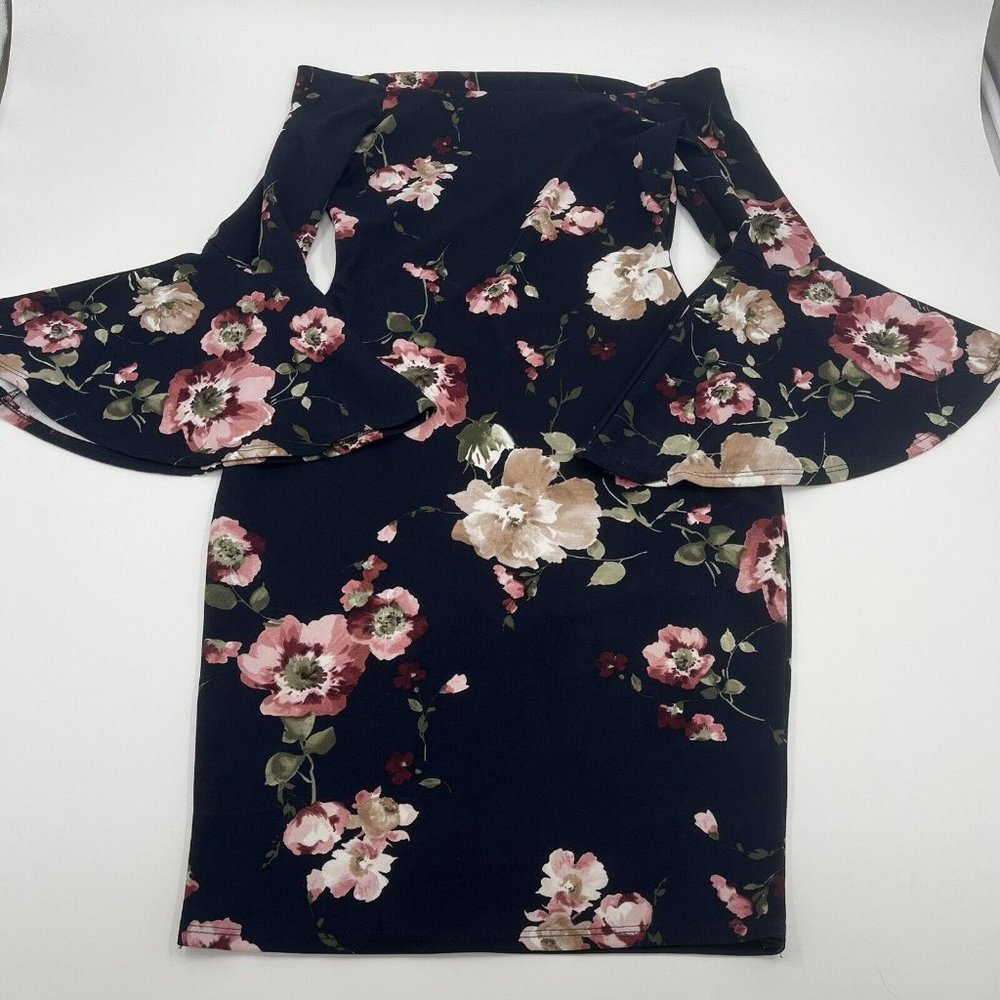 Olivia Matthews Women's Size S Dress Black Floral Off Shoulder Bell Sleeve